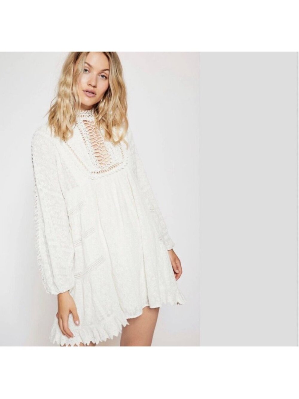 Free People Venice Women's White Lace Boho Crochet Mini Dress Size Medium